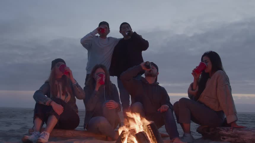 A group of people sit on logs around a fire drinking and talking at dusk