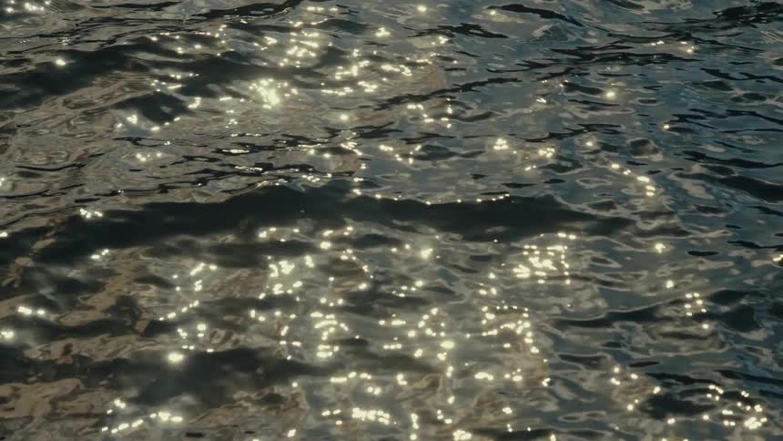 Shimmering points of light from the suns reflection dance on the surface of dark water as it moves in rippling waves