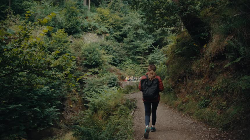 A young woman walking through a path in the forest while hiking during daytime