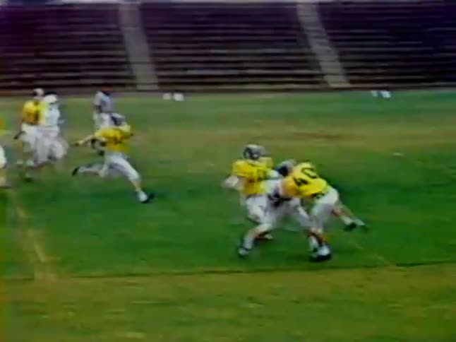 A football player charges down the field with the ball