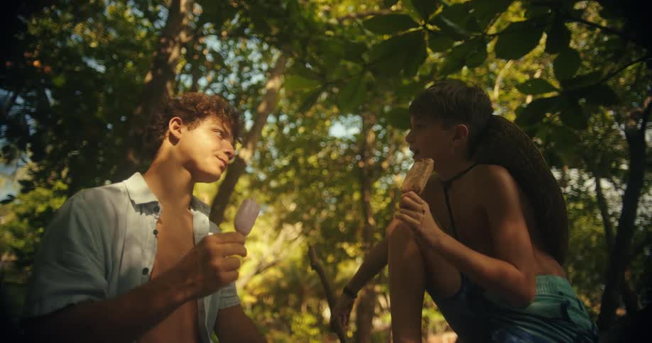 Two boys are standing in a forest looking at each other while they both hold and eat popsicles