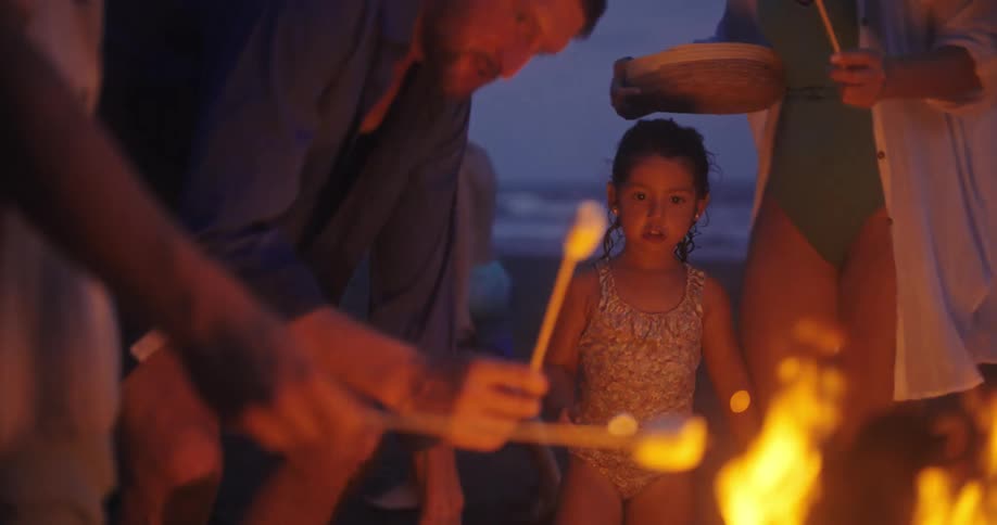 People roast marshmallows over a campfire on the beach at night