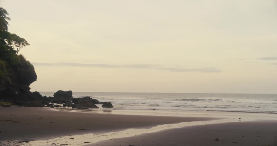 A wideangle shot shows a misty rocky coastline at dusk with gentle waves rolling in under a pale overcast sky the camera captures the serene natural landscape with no people visible