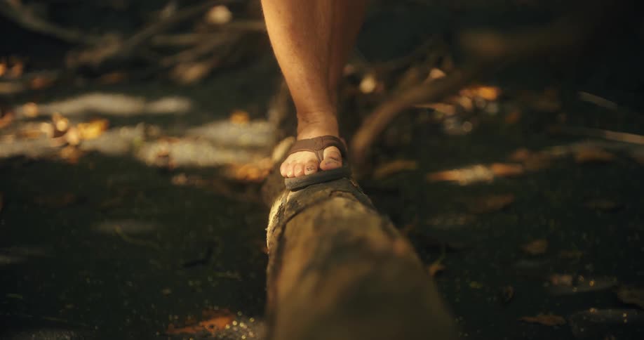 Male wearing flip flops walking across a log in the forest