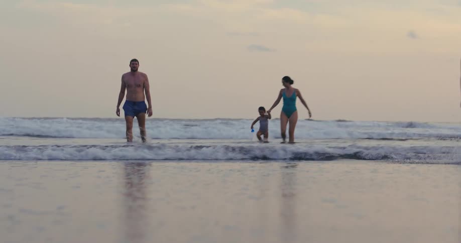 The video shows a family playing in the shallow water at a beach with waves crashing in the background it is a wide shot showing two adults and two children playing in the water