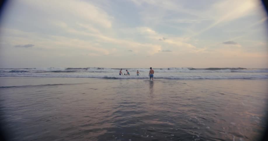 A family are playing in the water of the beach