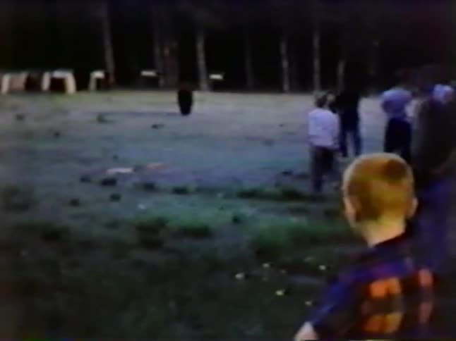 Group of kids watching and following a bear outside