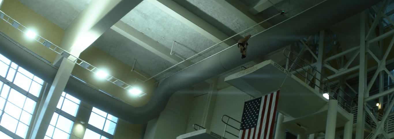 Diver dives from a high platform inside a bright aquatic arena