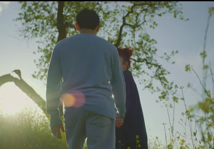 A man and a woman stand together in a field holding hands while facing away from the camera