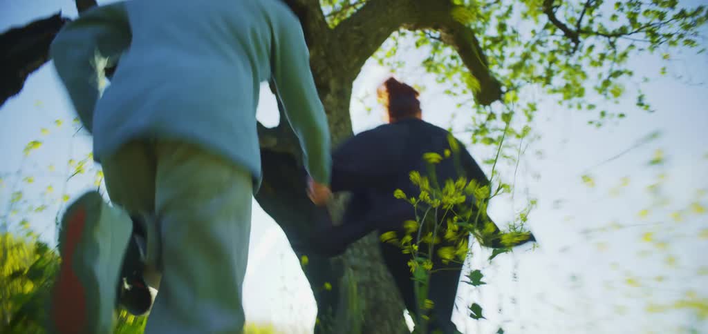 A couple running toward a tree holding hands outdoors in a grassy field