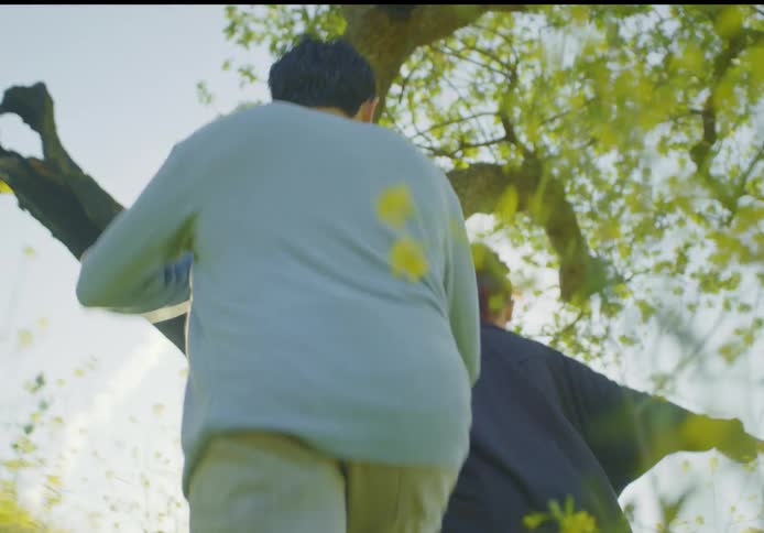 Couple runs up a wildflower covered hill to stand under a tree on a sunny day