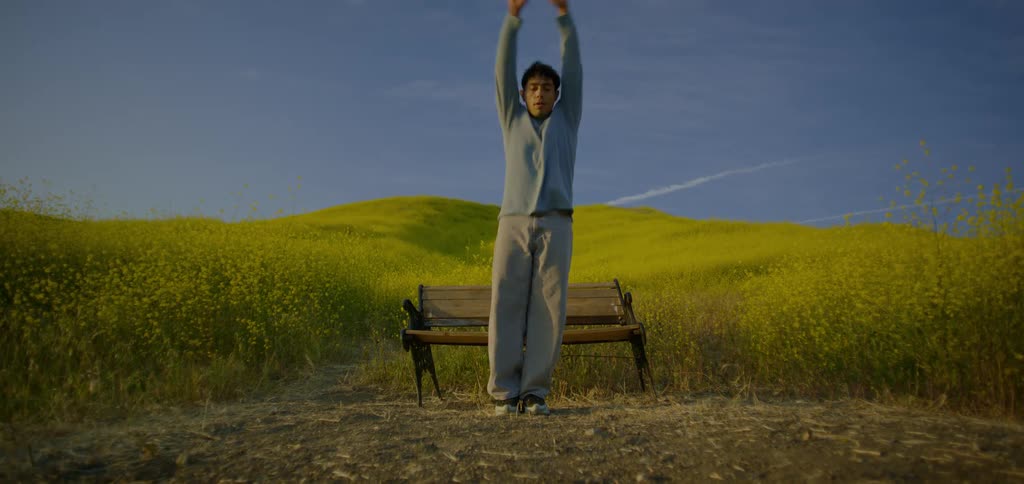 A man dancing near a bench in the middle of nature close to a grassy area