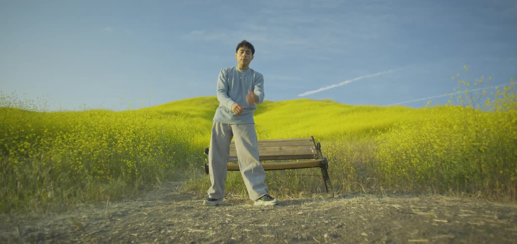 Man standing in front of a bench surrounded by a yellow flower field