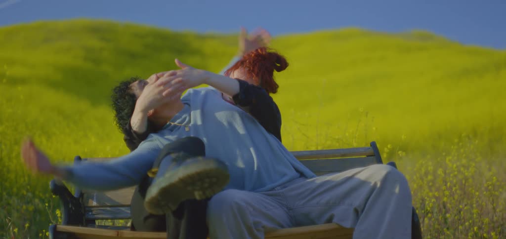 The video shows two people sitting on a park bench in a field of yellow flowers one of the individuals has his arm around the other while the other persons face is obscured