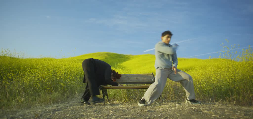A man and a woman with red hair are dancing with expressive movements in a yellow flower field next to a brown park bench
