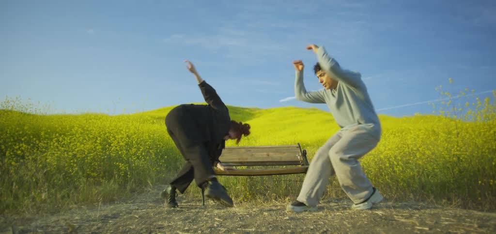 A man and a woman dance with expressive movements in a yellow flower field next to a brown park bench