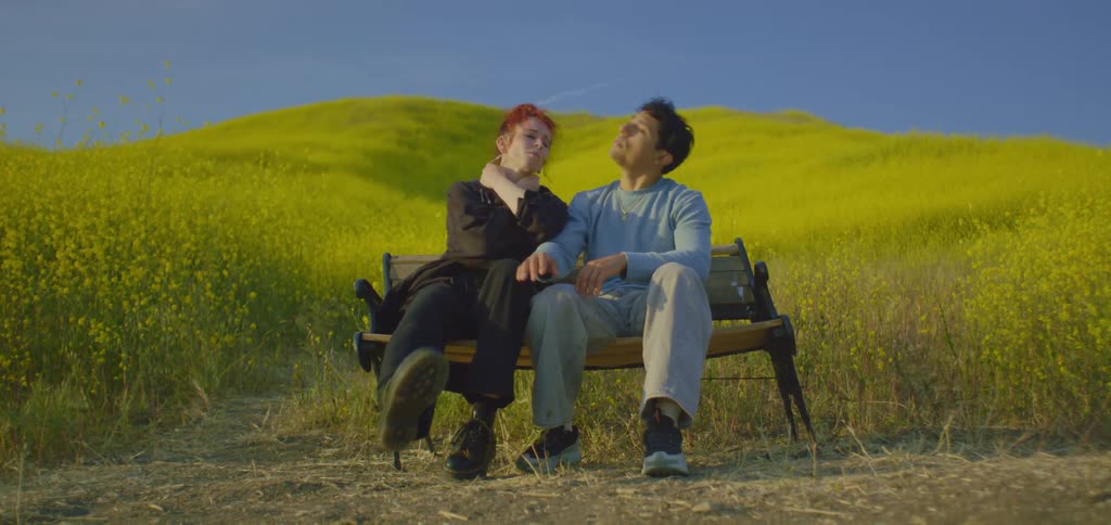 The man and woman break dance together by the field