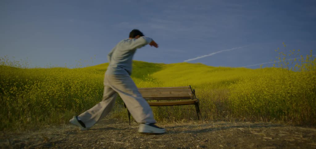 A young man dances in a martial arts style on a grass field beside a bench at midday