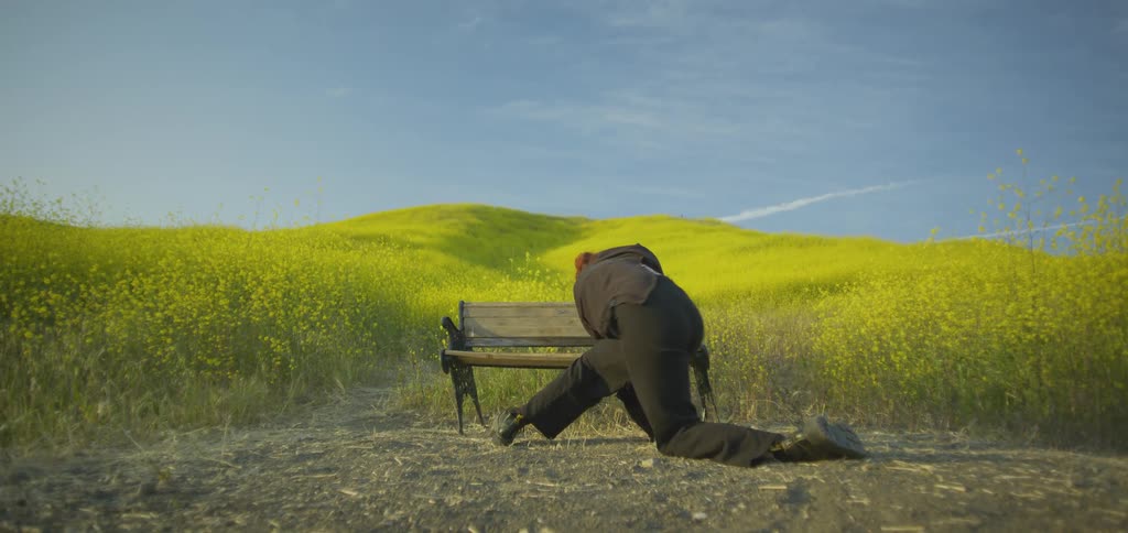 A woman dancing near a bench in an open area with lots of grass