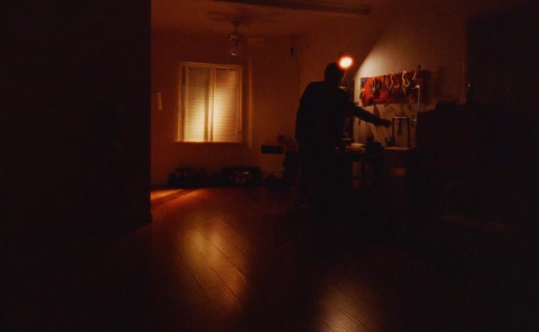 A shot focuses on a persons silhouette as they stand in a dim room with light coming from a single window they lift a remote and gesture toward a television that is not visible on screen