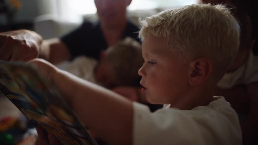 A boy points to pictures in the book