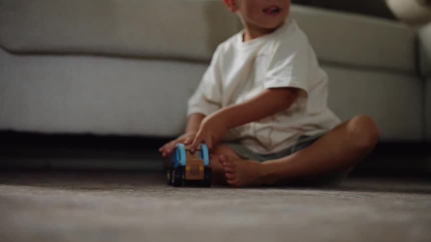 Two boys play with toy cars at home