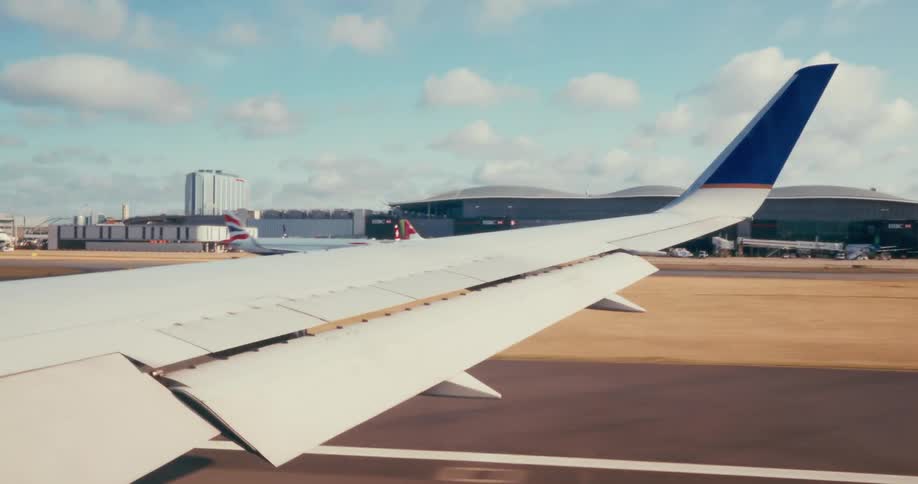 Airplane wing seen from the window during taxiing at an airport