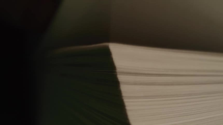 A close up of a large stack of light colored paper sheets with text of them flipping in front of the camera