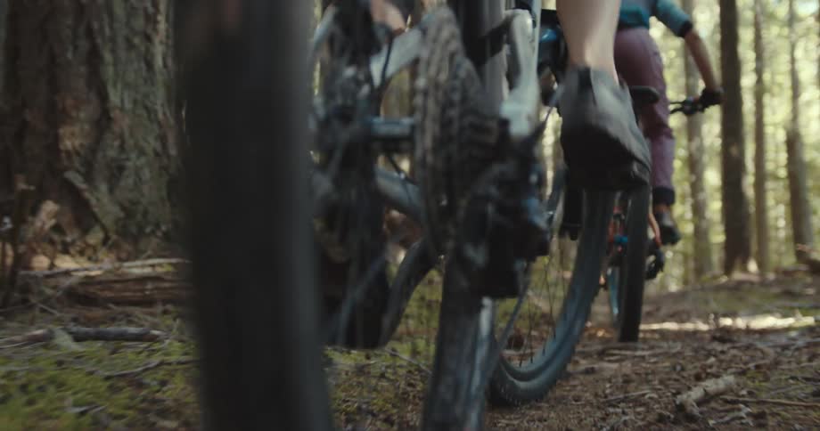 Close up of a young man and woman cycling through a trail in the woods during daytime