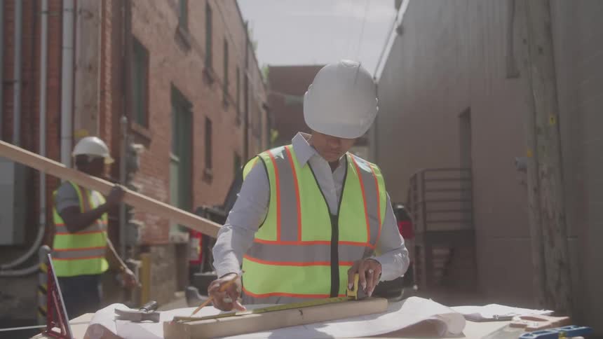 A worker measures a plank as another carries a beam on site