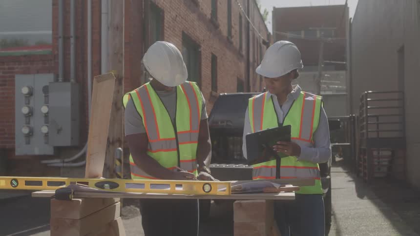 Two construction workers wearing reflective vests and helmets review measurements on a wooden table