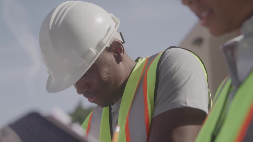 The video shows two construction workers a black man and a woman smiling and laughing as they look down at a blueprint they are both wearing hard hats and safety vests indicating a professional work environment