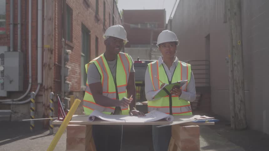 Two engineers wearing reflective vests and helmets review blueprints and point upwards at a construction site