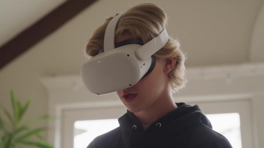 A person wears a virtual reality headset indoors and moves their head and mouth