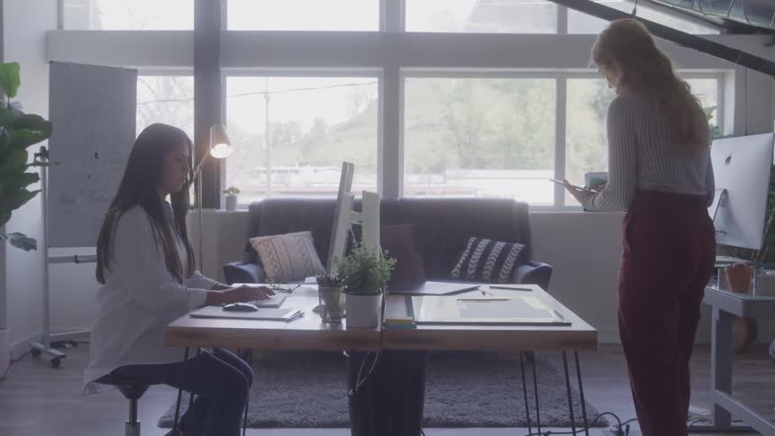 Two women work together in a bright modern office one seated at a computer and the other reviewing papers on the desk