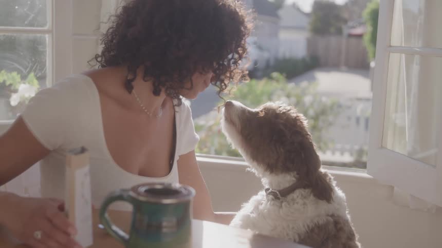 A woman lovingly pets her dog by the window in soft sunlight
