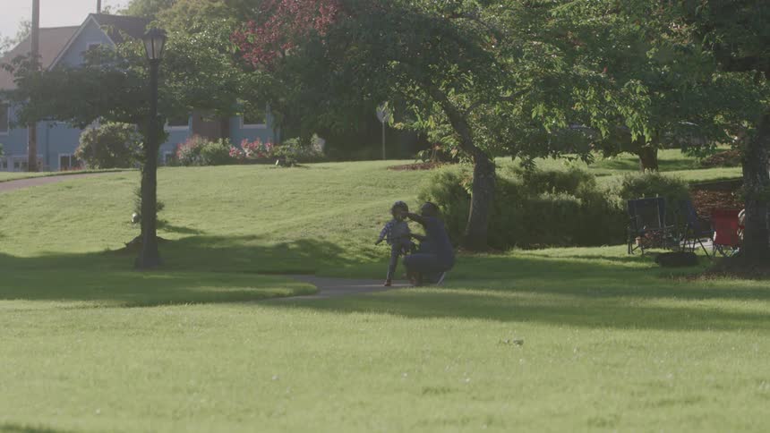 A father crouches next to his son riding a bicycle on a grassy park along a curved paved path with a street lamp and several tall trees in the background