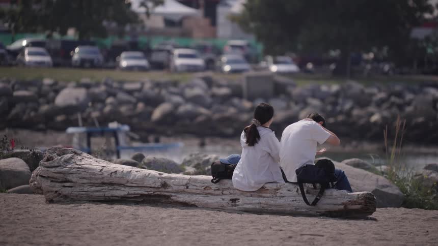 The video shows two people sitting on a large log on a beach facing away from the camera a rocky shoreline is visible behind them and the ocean is calm