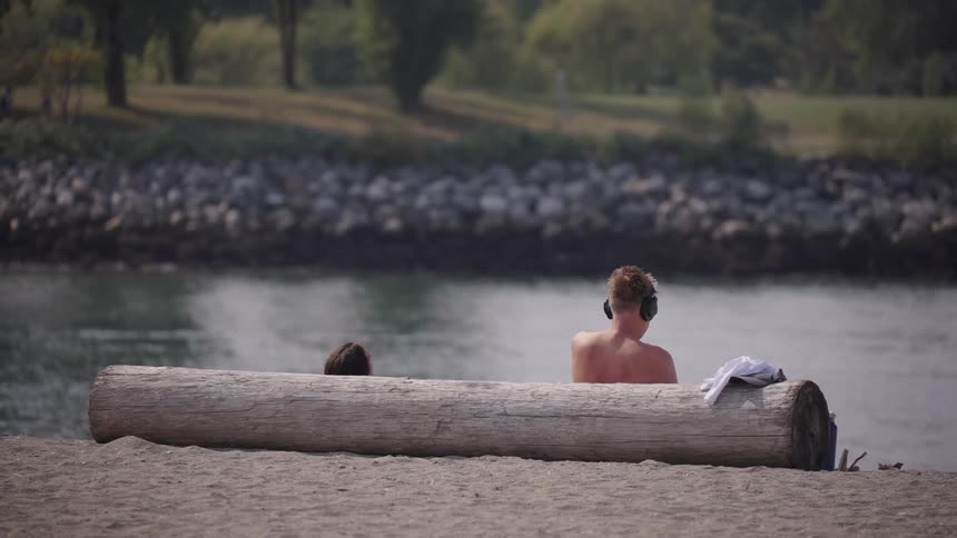 People relax between a long log and the water on a summer day