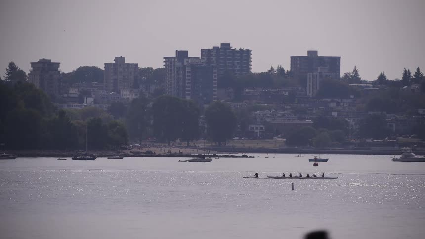 A rowing team glides across the shimmering water with a city skyline and beachfront in the background