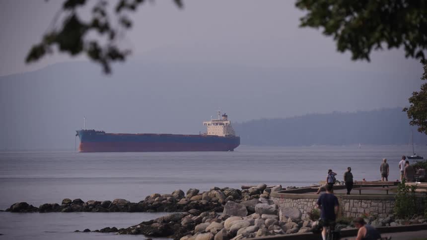 People sit near or walk on the seawall on a smoggy day while a container ship floats off shore