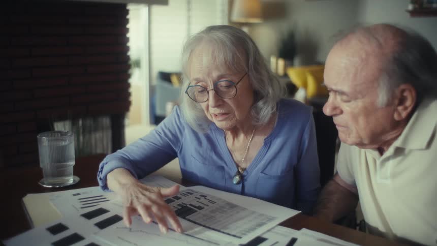 Elderly couple reviews papers and financial charts spread across the table