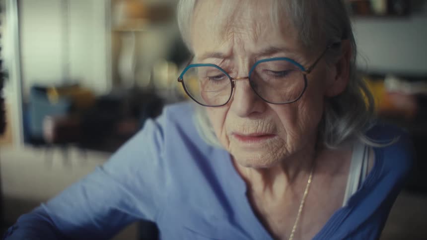 An older woman with gray hair and glasses is sitting at a table with papers she is wearing a blue shirt and has a concerned or confused expression on her face as she looks down at the papers she then looks up seemingly deep in thought