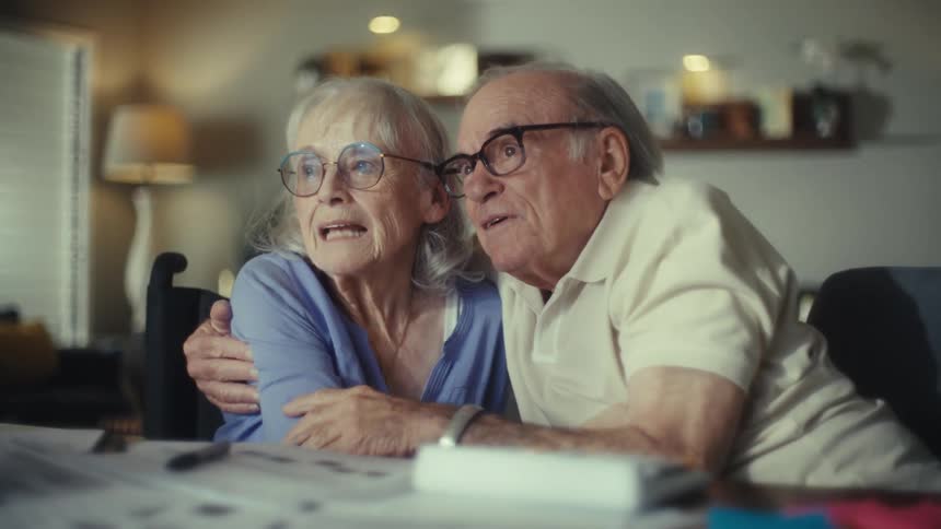 Elderly couple with glasses smiles and hugs while sitting at the table