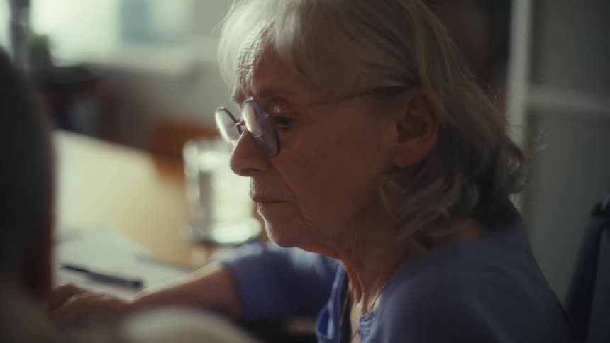 A close view shows a woman with gray hair and glasses talking and looking down at a paper on a desk with the back of another persons head visible in the foreground