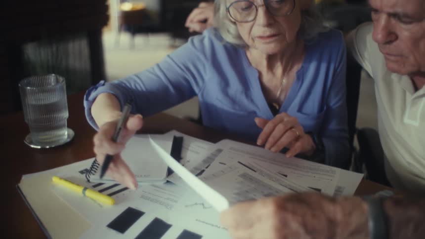 Elderly couple references papers containing plots and graphs while sitting at home near a calculator during the daytime