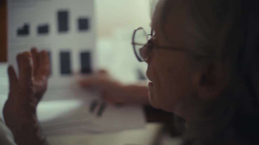 Elderly couple analyzes a printed chart about financial returns and risks together
