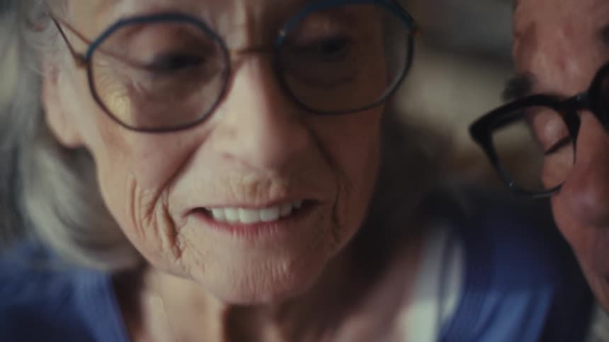 An elderly couple sits closely together behind a desk both wearing glasses having an excited discussion indoors at midday