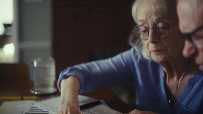 An older couple sits at a table looking at financial papers and a graph the woman gestures to the documents with a thoughtful or slightly worried expression while the man listens intently