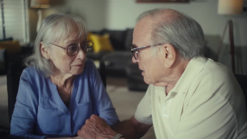 A man and woman talk and then hug